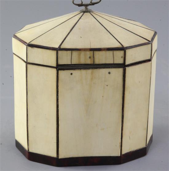 A George III inlaid ivory and tortoiseshell tea caddy, width 5.25in. depth 3.5in. height 5.5in.